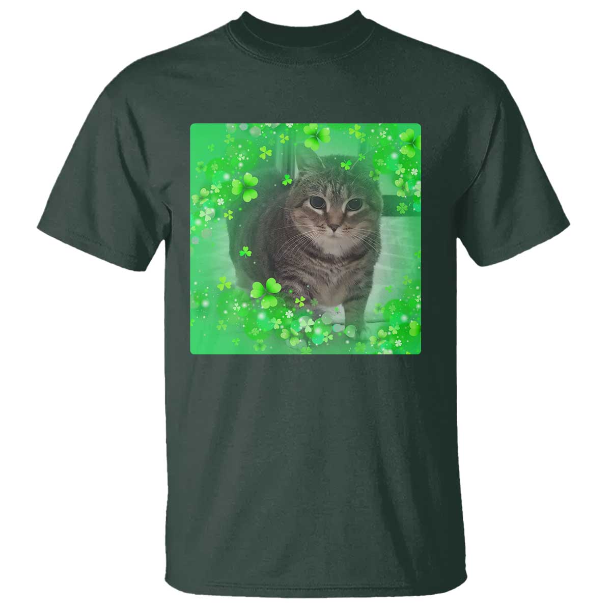 Funny Cat Meme St Patricks Day T Shirt Lucky Shamrock Goofy Ahh Cat TS10 Dark Forest Green Print Your Wear