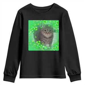 Funny Cat Meme St Patricks Day Youth Sweatshirt Lucky Shamrock Goofy Ahh Cat TS10 Black Print Your Wear