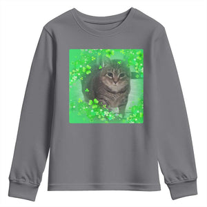 Funny Cat Meme St Patricks Day Youth Sweatshirt Lucky Shamrock Goofy Ahh Cat TS10 Charcoal Print Your Wear