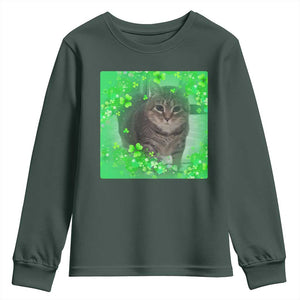 Funny Cat Meme St Patricks Day Youth Sweatshirt Lucky Shamrock Goofy Ahh Cat TS10 Dark Forest Green Print Your Wear