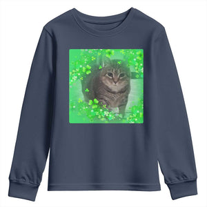 Funny Cat Meme St Patricks Day Youth Sweatshirt Lucky Shamrock Goofy Ahh Cat TS10 Navy Print Your Wear