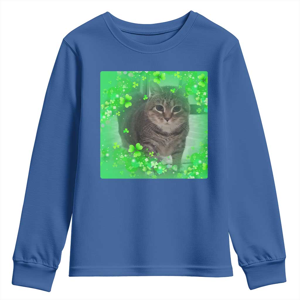 Funny Cat Meme St Patricks Day Youth Sweatshirt Lucky Shamrock Goofy Ahh Cat TS10 Royal Blue Print Your Wear