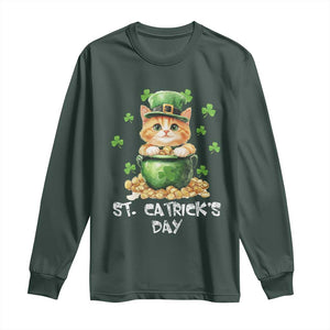 St. Patrick's Day Irish Cat Long Sleeve Shirt Kitty Saint Pattys Lucky Shamrocks TS10 Dark Forest Green Print Your Wear