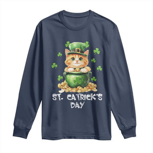 St. Patrick's Day Irish Cat Long Sleeve Shirt Kitty Saint Pattys Lucky Shamrocks TS10 Navy Print Your Wear