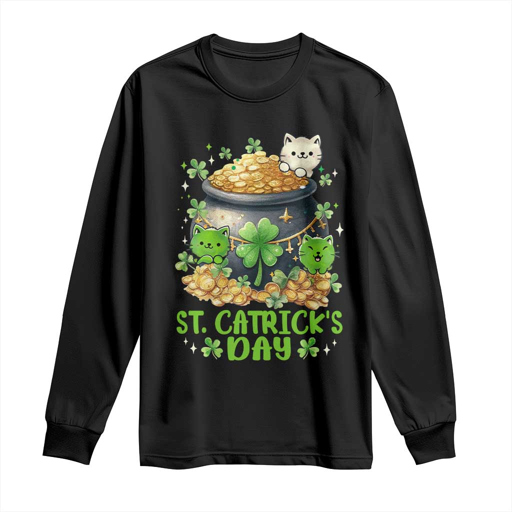 Cats St Patricks Day Long Sleeve Shirt Pot Of Gold Kitty Lover Lucky Irish TS10 Black Print Your Wear