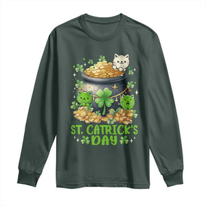 Cats St Patricks Day Long Sleeve Shirt Pot Of Gold Kitty Lover Lucky Irish TS10 Dark Forest Green Print Your Wear