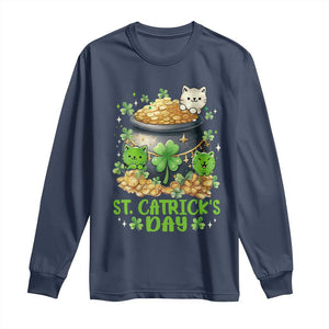 Cats St Patricks Day Long Sleeve Shirt Pot Of Gold Kitty Lover Lucky Irish TS10 Navy Print Your Wear