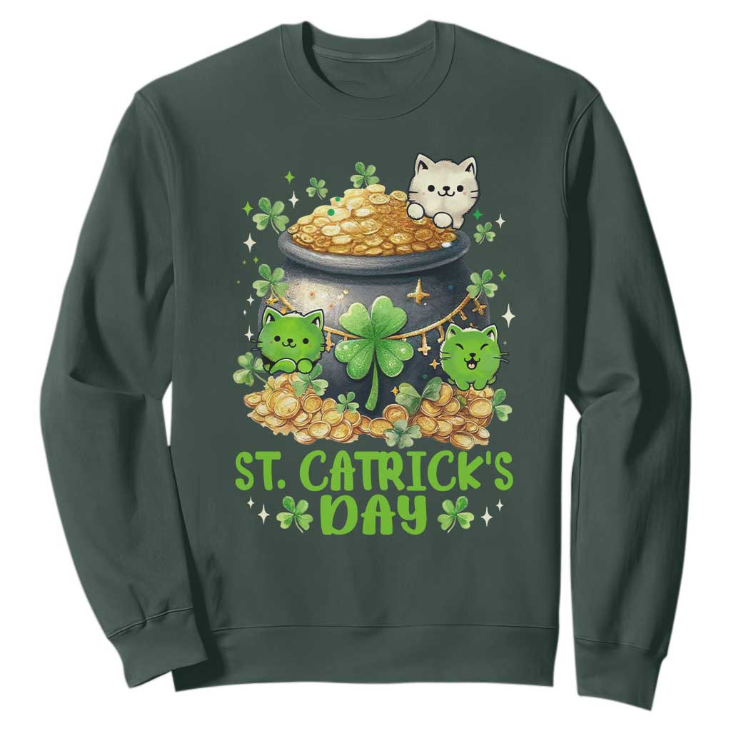 Cats St Patricks Day Sweatshirt Pot Of Gold Kitty Lover Lucky Irish TS10 Dark Forest Green Print Your Wear