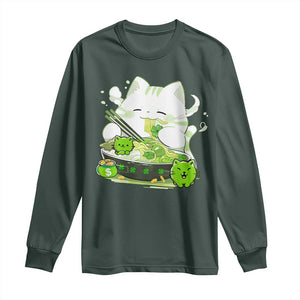 St Patrick's Day Cats Long Sleeve Shirt Irish Eating Ramen Noodles Cute Anime Shamrocks TS10 Dark Forest Green Print Your Wear