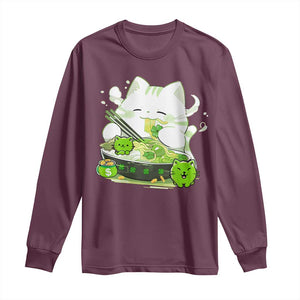 St Patrick's Day Cats Long Sleeve Shirt Irish Eating Ramen Noodles Cute Anime Shamrocks TS10 Maroon Print Your Wear