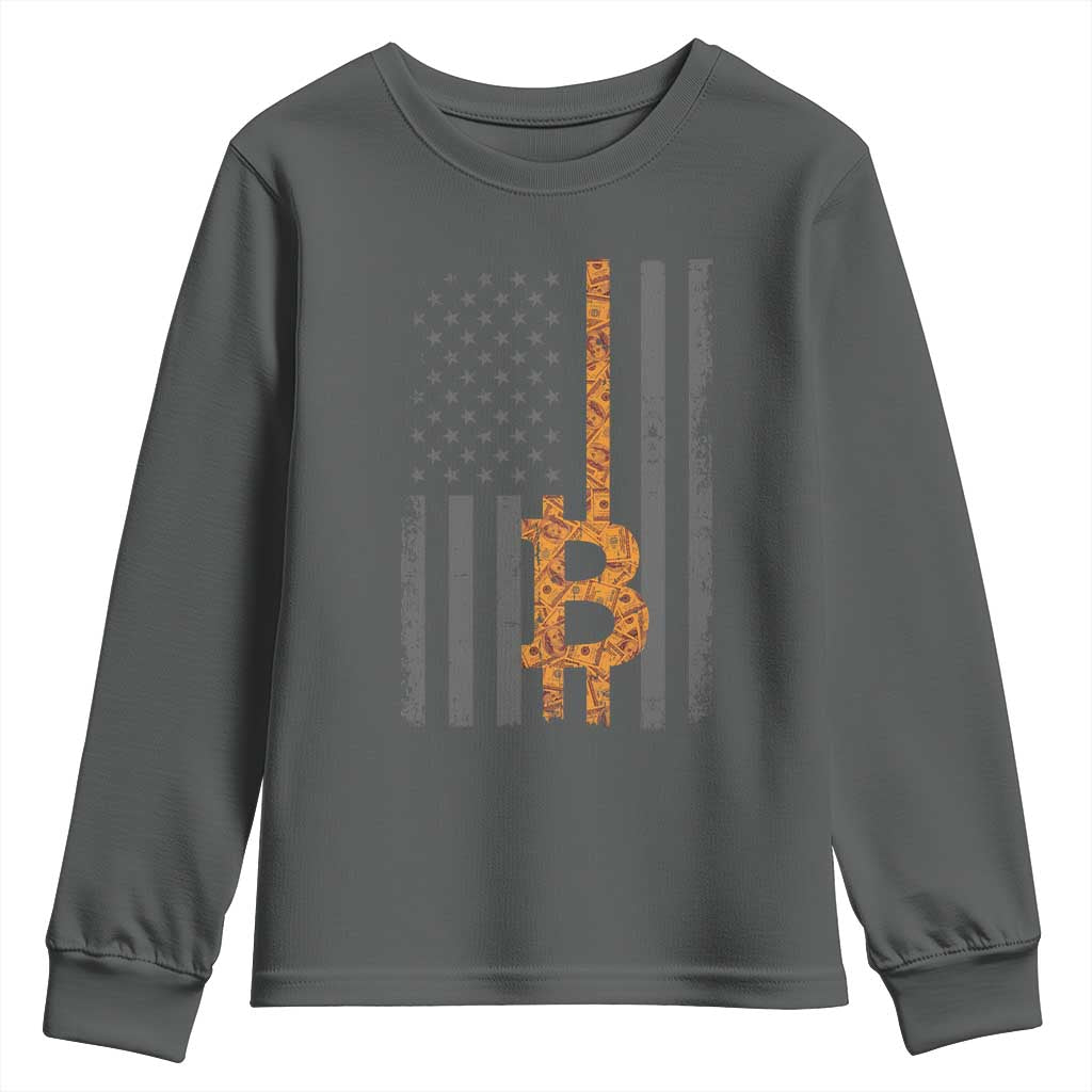 BTC Bitcoin American Flag Youth Sweatshirt Crypto Buy the Dip TS10 Dark Heather Print Your Wear