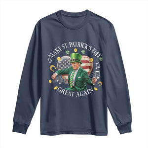 Funny Trump Make St Patrick's Day Great Again Long Sleeve Shirt American Flag Dancing Trump TS10 Navy Print Your Wear