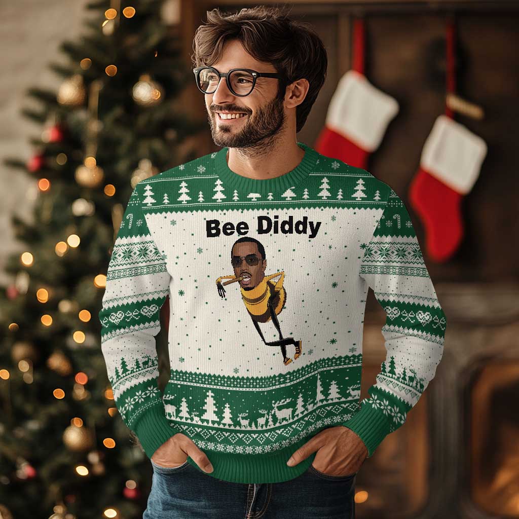 Bee Diddy Ugly Christmas Sweater Dark Humor Internet Meme Brainrot Gen Z TS10 Beige Green Print Your Wear