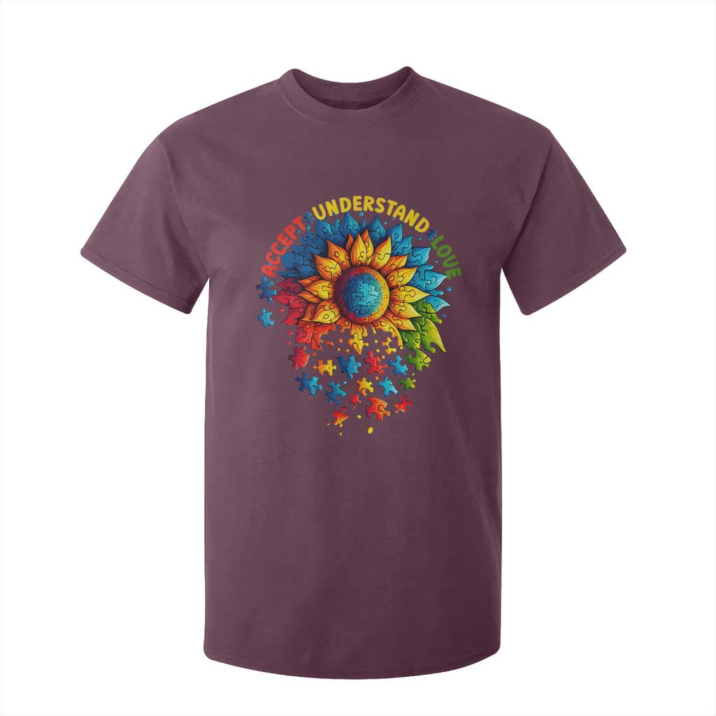 Autism Acceptance Sunflower Puzzle T Shirt For Kid Accept Understand Love ASD TS10 Maroon Print Your Wear