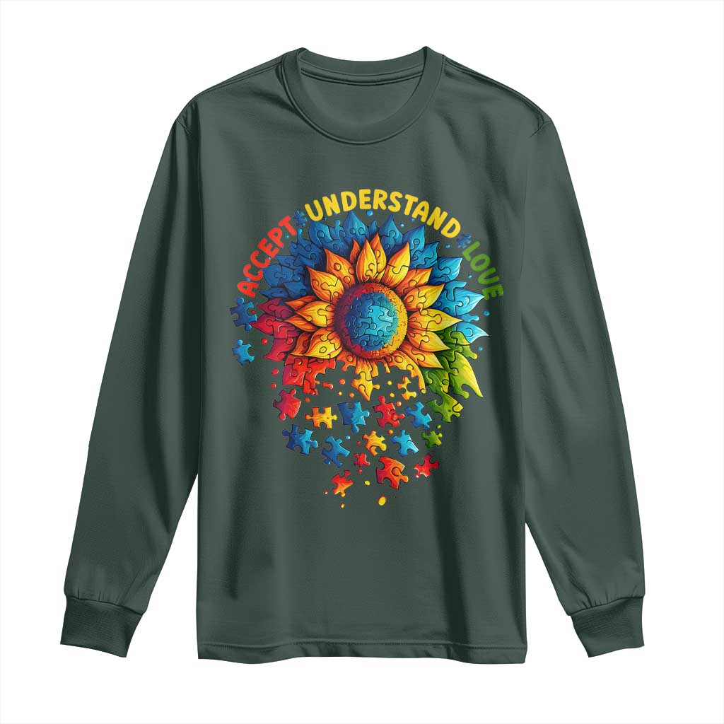 Autism Acceptance Sunflower Puzzle Long Sleeve Shirt Accept Understand Love ASD TS10 Dark Forest Green Print Your Wear