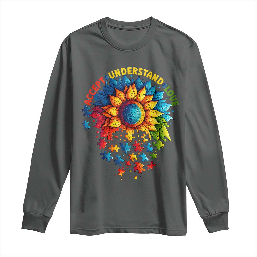 Autism Acceptance Sunflower Puzzle Long Sleeve Shirt Accept Understand Love ASD TS10 Dark Heather Print Your Wear