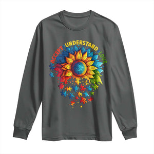 Autism Acceptance Sunflower Puzzle Long Sleeve Shirt Accept Understand Love ASD TS10 Dark Heather Print Your Wear