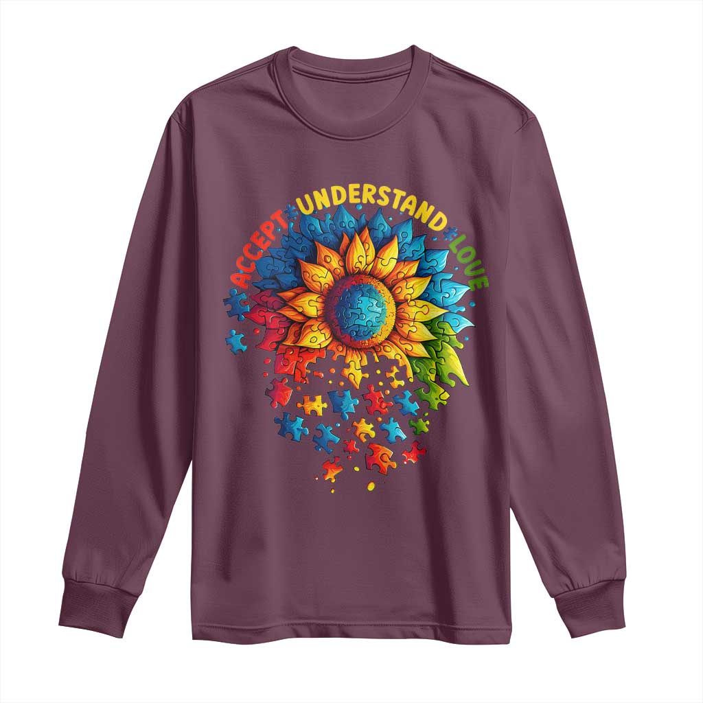 Autism Acceptance Sunflower Puzzle Long Sleeve Shirt Accept Understand Love ASD TS10 Maroon Print Your Wear
