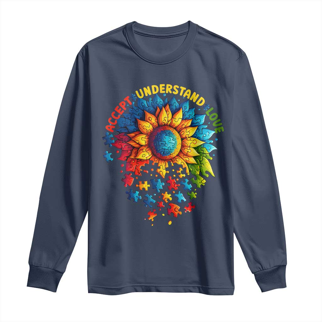Autism Acceptance Sunflower Puzzle Long Sleeve Shirt Accept Understand Love ASD TS10 Navy Print Your Wear