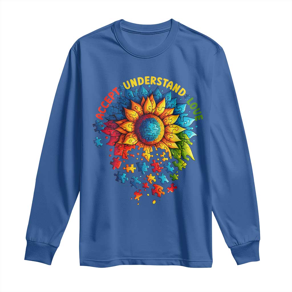 Autism Acceptance Sunflower Puzzle Long Sleeve Shirt Accept Understand Love ASD TS10 Royal Blue Print Your Wear