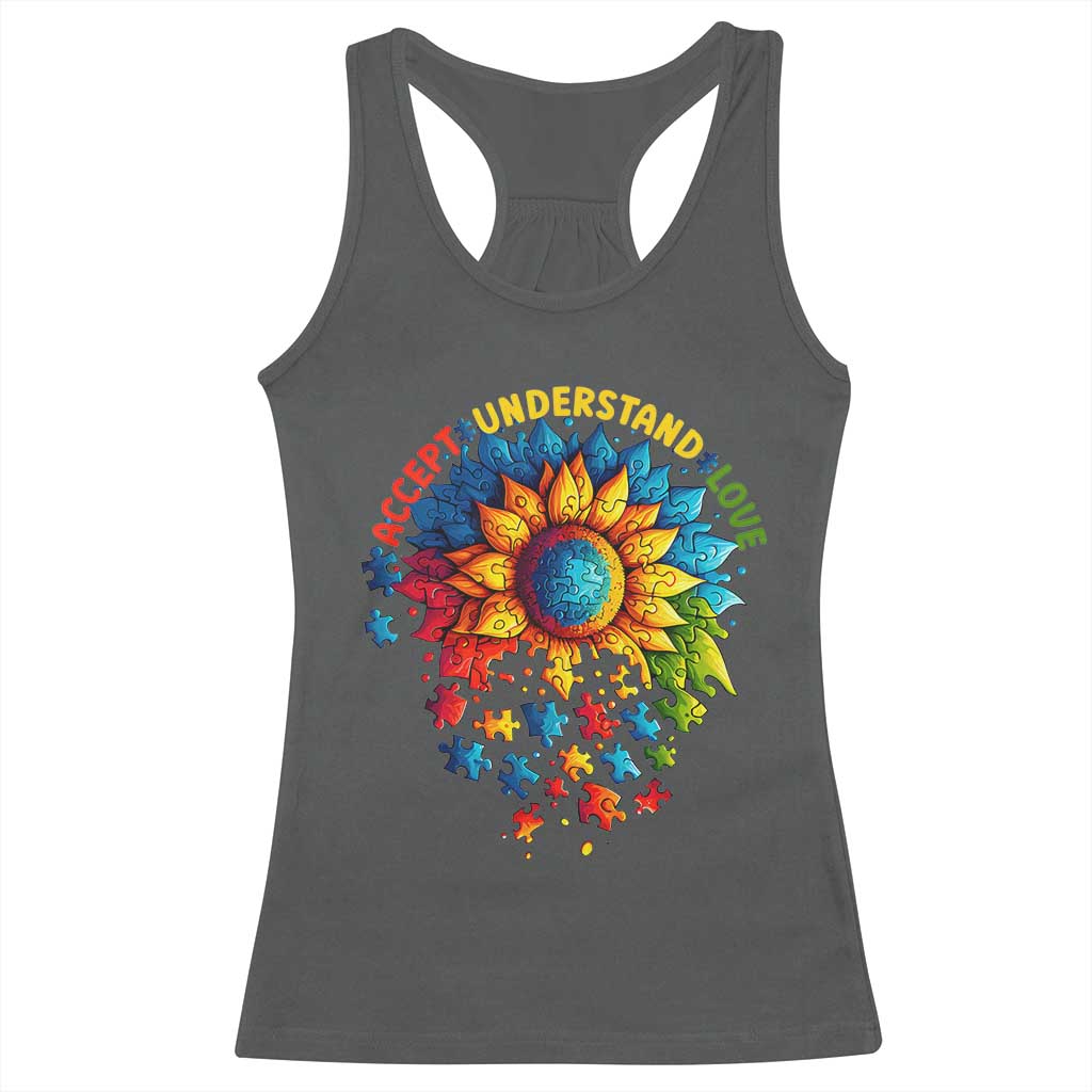 Autism Acceptance Sunflower Puzzle Racerback Tank Top Accept Understand Love ASD TS10 Dark Heather Print Your Wear