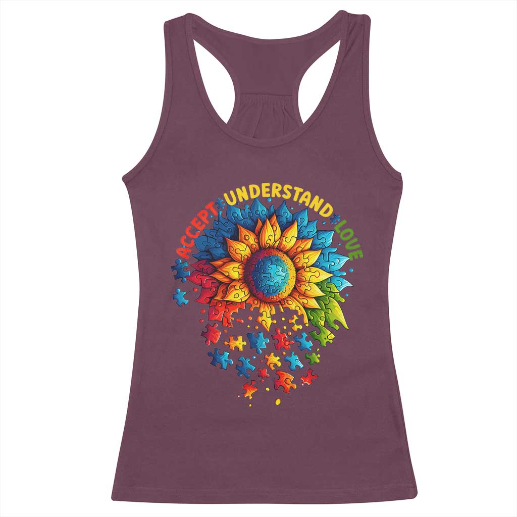 Autism Acceptance Sunflower Puzzle Racerback Tank Top Accept Understand Love ASD TS10 Maroon Print Your Wear
