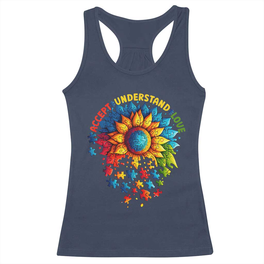 Autism Acceptance Sunflower Puzzle Racerback Tank Top Accept Understand Love ASD TS10 Navy Print Your Wear