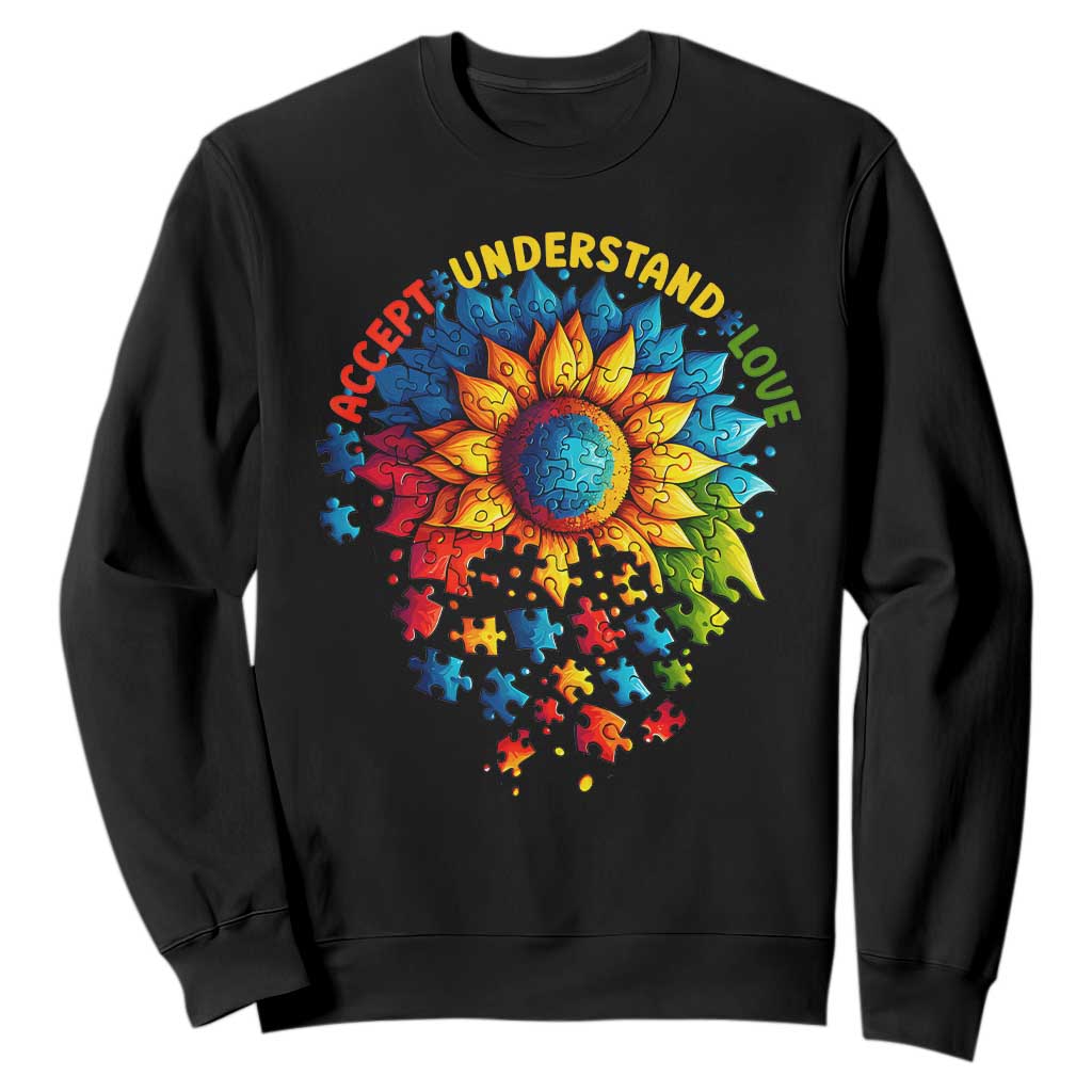 Autism Acceptance Sunflower Puzzle Sweatshirt Accept Understand Love ASD TS10 Black Print Your Wear