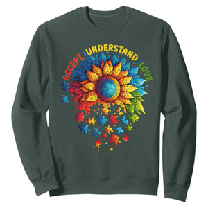 Autism Acceptance Sunflower Puzzle Sweatshirt Accept Understand Love ASD TS10 Dark Forest Green Print Your Wear