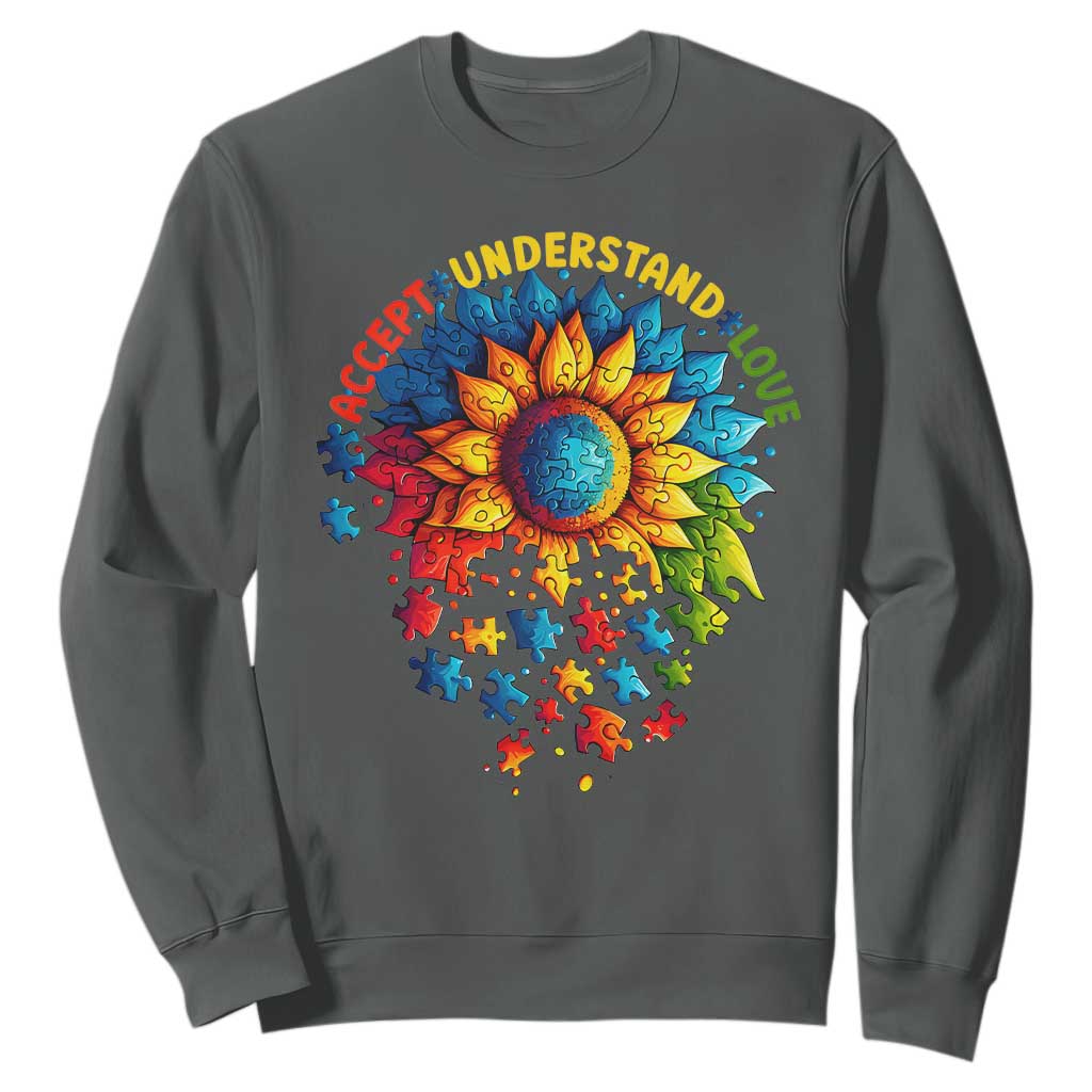 Autism Acceptance Sunflower Puzzle Sweatshirt Accept Understand Love ASD TS10 Dark Heather Print Your Wear