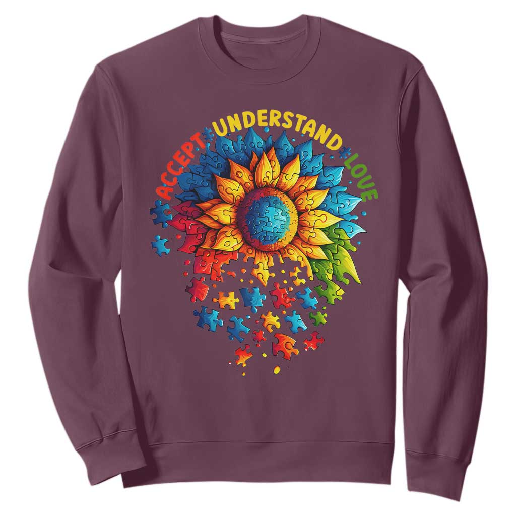 Autism Acceptance Sunflower Puzzle Sweatshirt Accept Understand Love ASD TS10 Maroon Print Your Wear