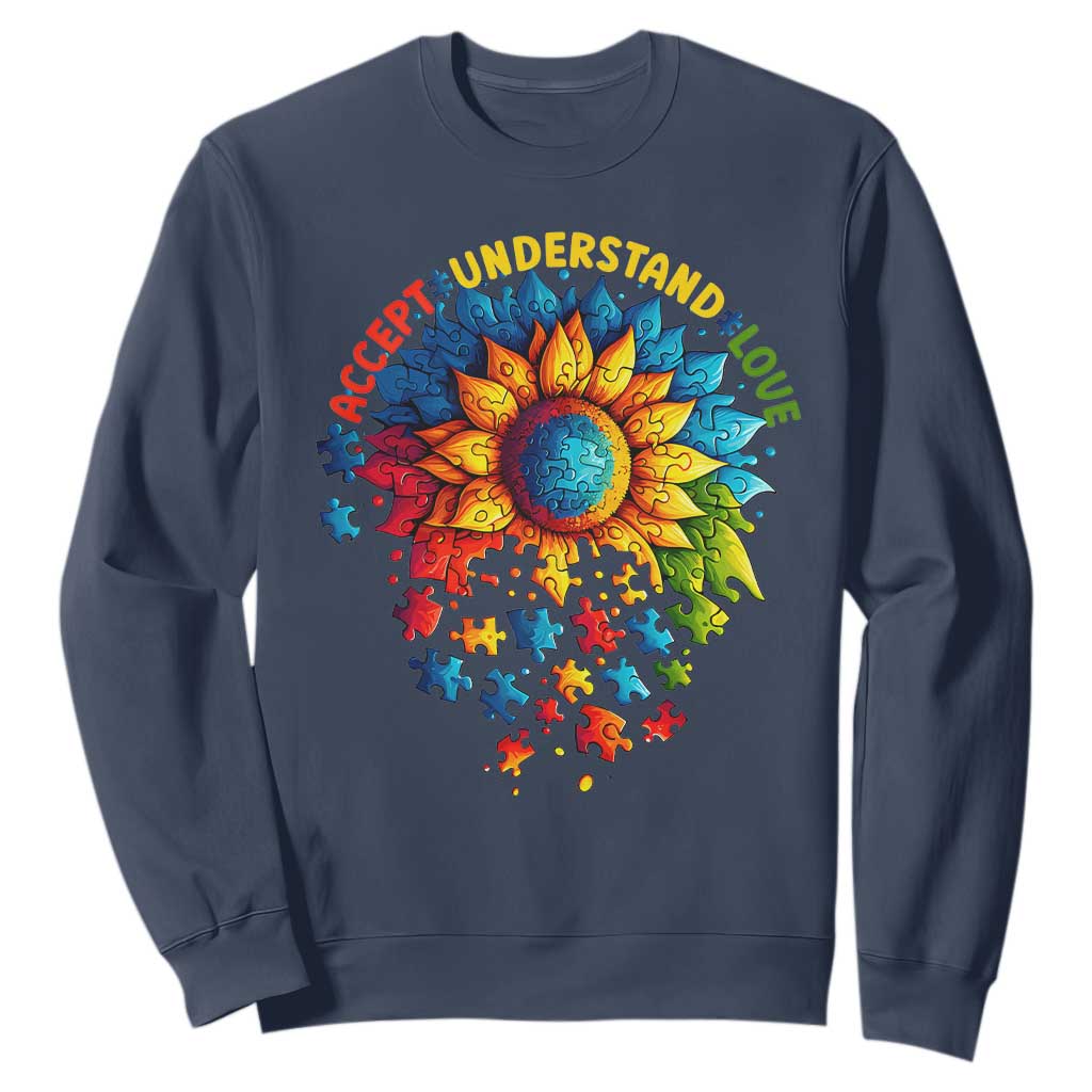 Autism Acceptance Sunflower Puzzle Sweatshirt Accept Understand Love ASD TS10 Navy Print Your Wear