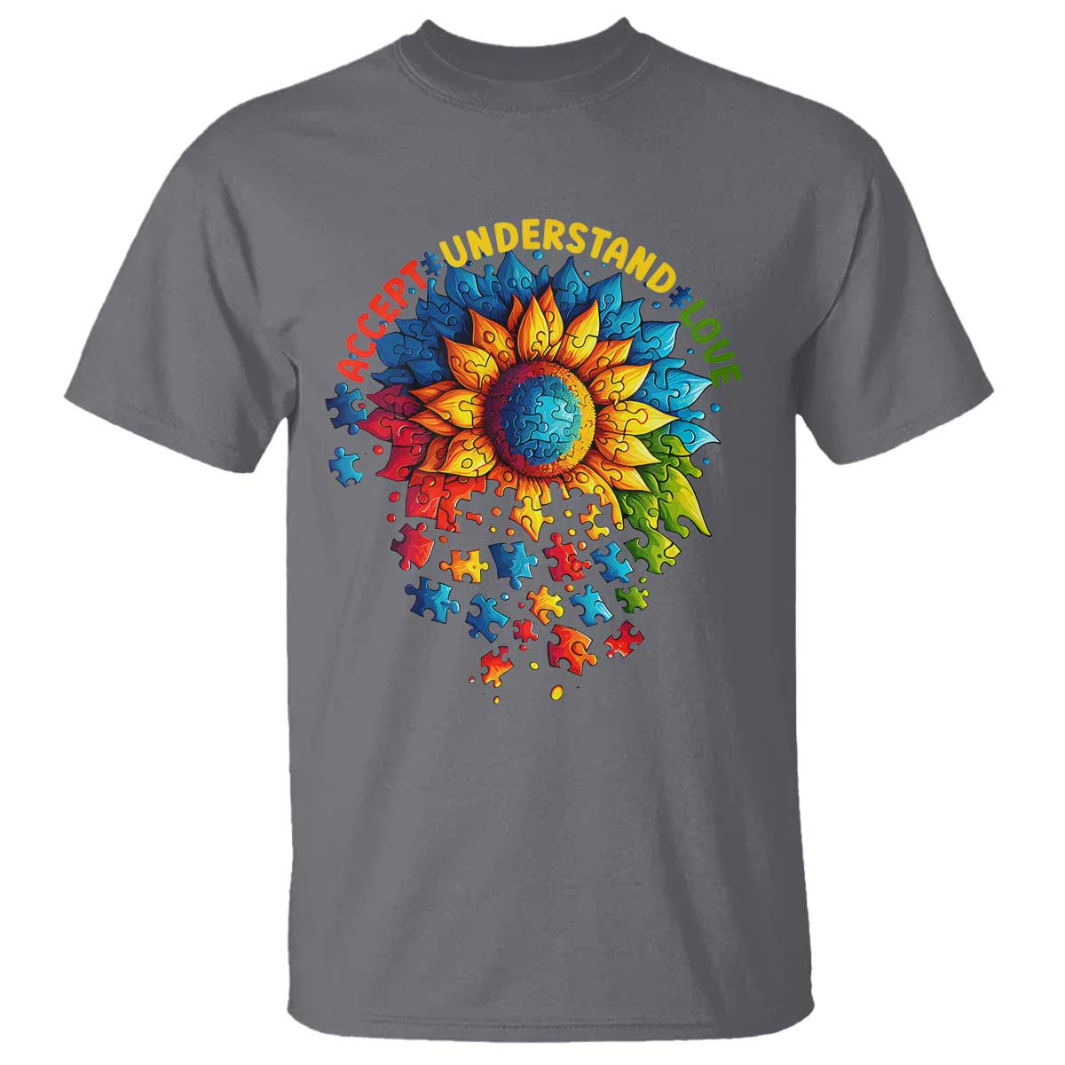 Autism Acceptance Sunflower Puzzle T Shirt Accept Understand Love ASD TS10 Charcoal Print Your Wear