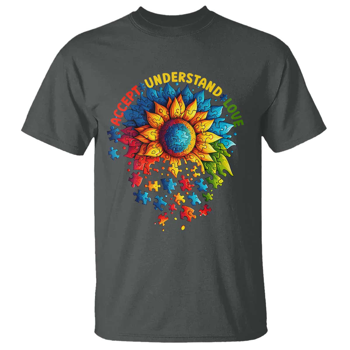Autism Acceptance Sunflower Puzzle T Shirt Accept Understand Love ASD TS10 Dark Heather Print Your Wear