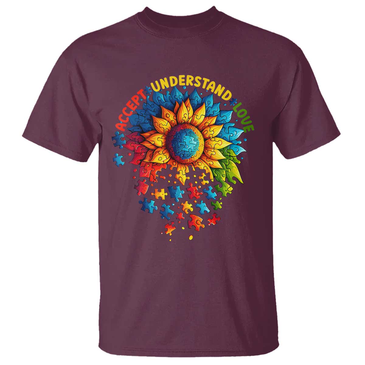 Autism Acceptance Sunflower Puzzle T Shirt Accept Understand Love ASD TS10 Maroon Print Your Wear