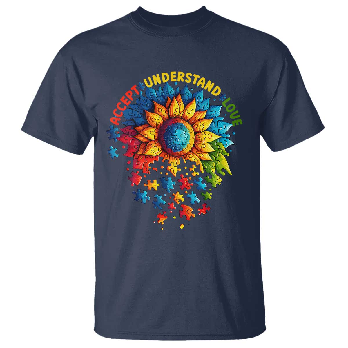 Autism Acceptance Sunflower Puzzle T Shirt Accept Understand Love ASD TS10 Navy Print Your Wear
