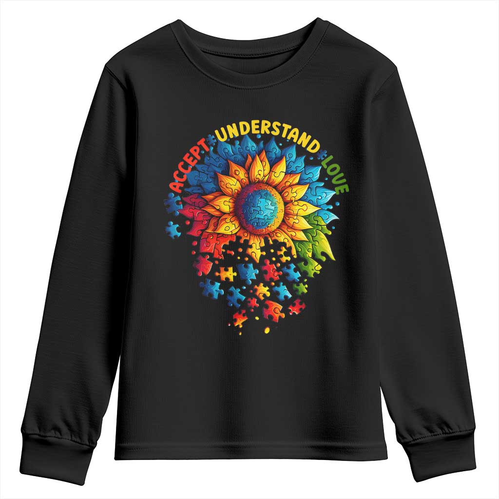 Autism Acceptance Sunflower Puzzle Youth Sweatshirt Accept Understand Love ASD TS10 Black Print Your Wear
