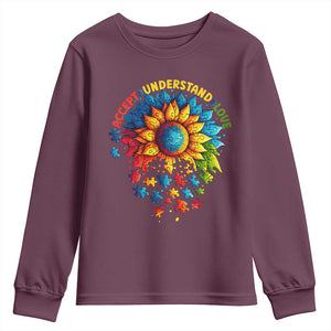 Autism Acceptance Sunflower Puzzle Youth Sweatshirt Accept Understand Love ASD TS10 Maroon Print Your Wear
