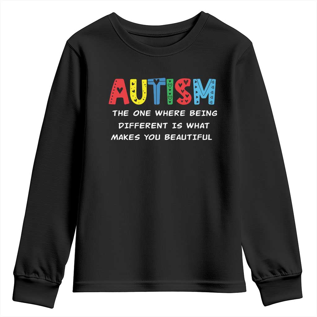 Autism Awareness Youth Sweatshirt Different Makes You Beautiful ASD Month Support TS10 Black Print Your Wear