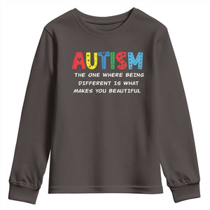 Autism Awareness Youth Sweatshirt Different Makes You Beautiful ASD Month Support TS10 Dark Chocolate Print Your Wear