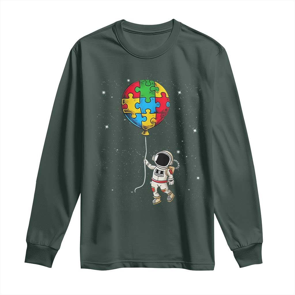 Autism Awareness Astronaut Long Sleeve Shirt Puzzle Pieces Balloon Space Autistic TS10 Dark Forest Green Print Your Wear