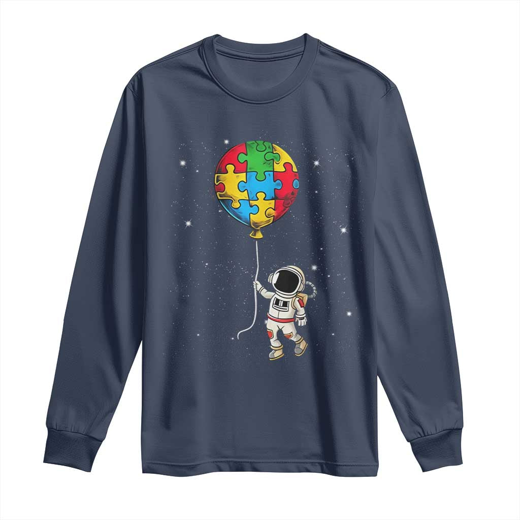 Autism Awareness Astronaut Long Sleeve Shirt Puzzle Pieces Balloon Space Autistic TS10 Navy Print Your Wear