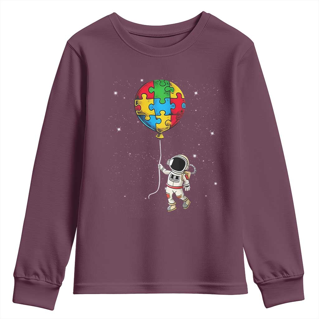 Autism Awareness Astronaut Youth Sweatshirt Puzzle Pieces Balloon Space Autistic TS10 Maroon Print Your Wear