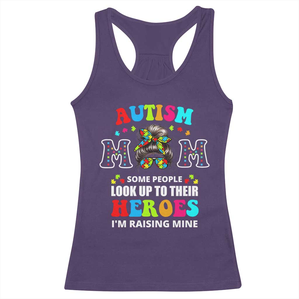 Autism Mom Racerback Tank Top Raising Hero Messy Bun Autism Awareness TS10 Purple Print Your Wear