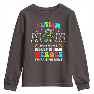 Autism Mom Youth Sweatshirt Raising Hero Messy Bun Autism Awareness TS10 Dark Chocolate Print Your Wear