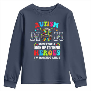 Autism Mom Youth Sweatshirt Raising Hero Messy Bun Autism Awareness TS10 Navy Print Your Wear