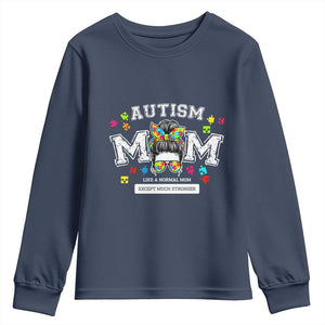 Autism Mom Youth Sweatshirt Much Stronger Messy Bun ASD Autism Awareness TS10 Navy Print Your Wear
