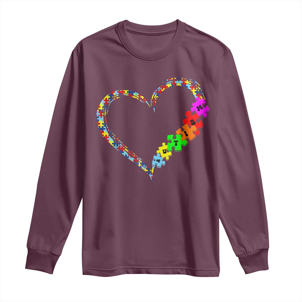 Autism Awareness Love Heart Puzzle Piece Long Sleeve Shirt TS10 Maroon Print Your Wear
