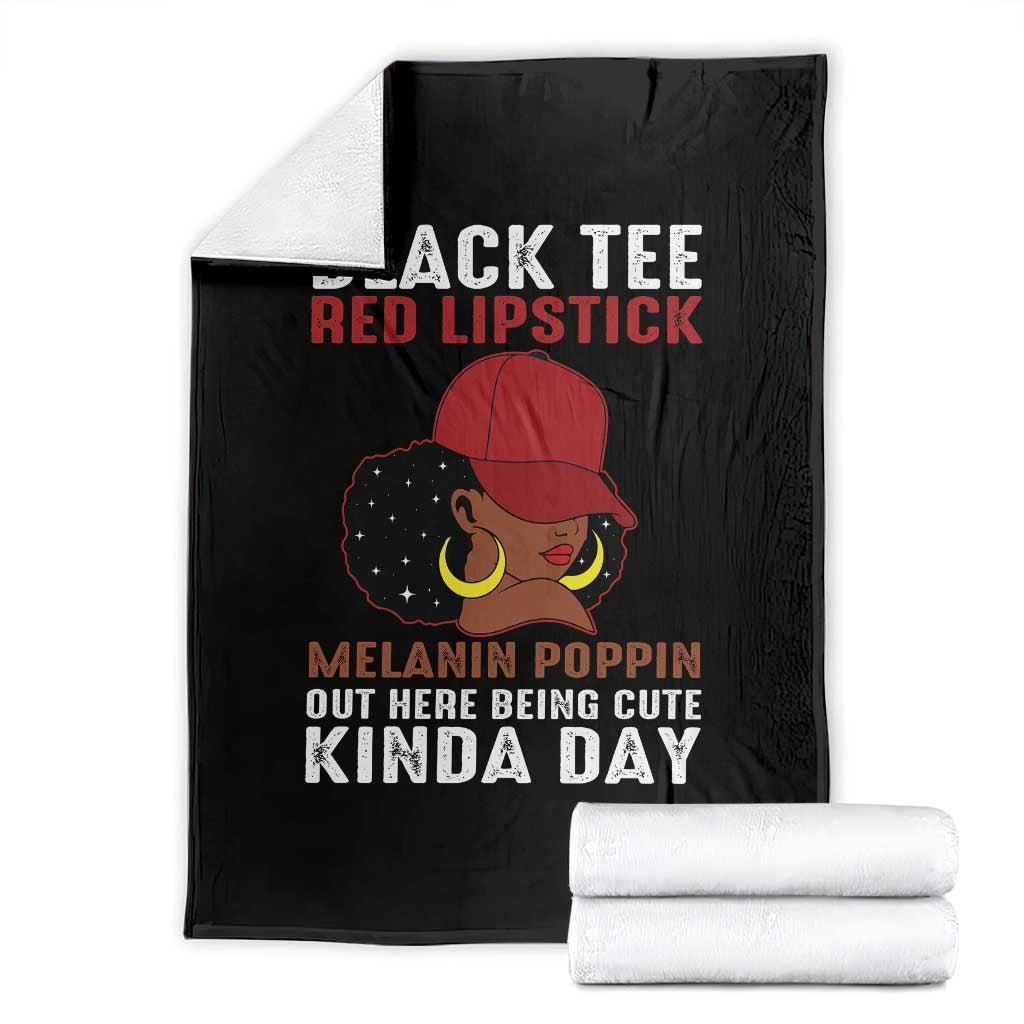 Funny African American Afro Queen Throw Blanket Black Tee Red Lipstick Melanin Poppin Out Here Being Cute TS10 Black Print Your Wear