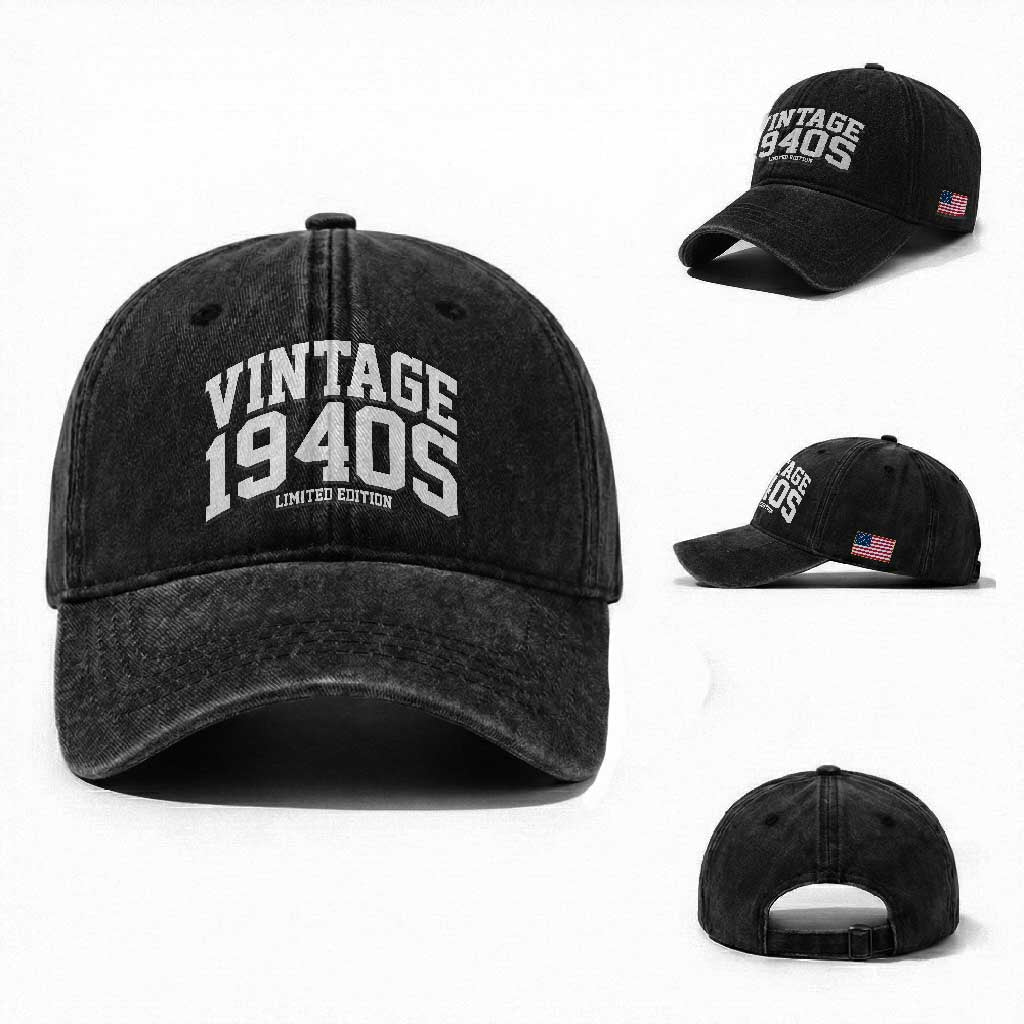 Vintage 1940s Limited Edition Washed Cotton Baseball Cap Vintage Varsity Funny Cool 1940 Theme TS10 Washed Cap Universal Fit Black Print Your Wear